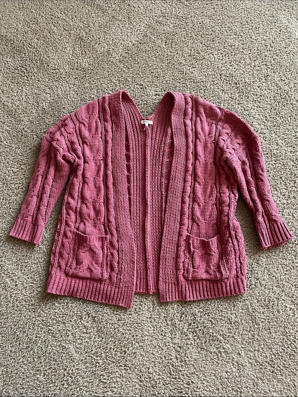 Miracle Rose-Pink Cable Knit Open Cardigan with Pockets